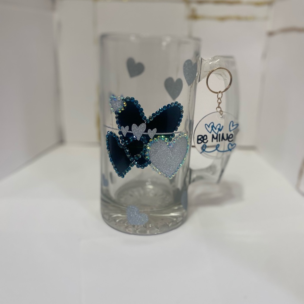 Heart-Embellished Glass Mug with Keychain